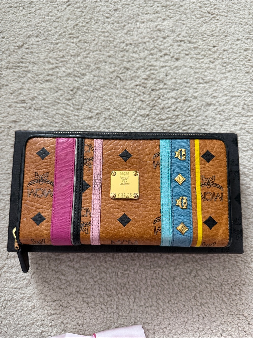 Authentic MCM Cognac Logo Zip Wallet with Multicolor Stripe Accents